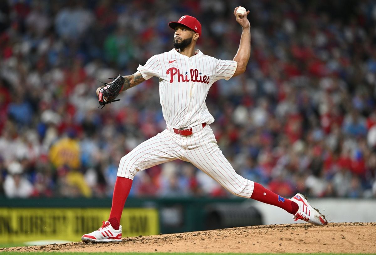 Sep 25, 2024; Philadelphia, Pennsylvania, USA; Philadelphia Phillies starting pitcher Cristopher Sanchez (61) throws a pitch against the Chicago Cubs in the fifth inning at Citizens Bank Park. Mandatory Credit: Kyle Ross-Imagn Images