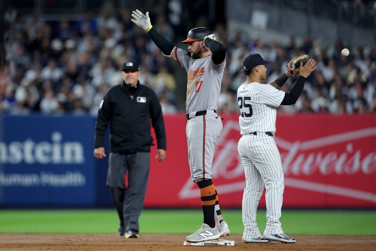 Sep 25, 2024; Bronx, New York, USA; Baltimore Orioles left fielder Colton Cowser (17) celebrates his RBI double against the New York Yankees during the fourth inning at Yankee Stadium. Mandatory Credit: Brad Penner-Imagn Images