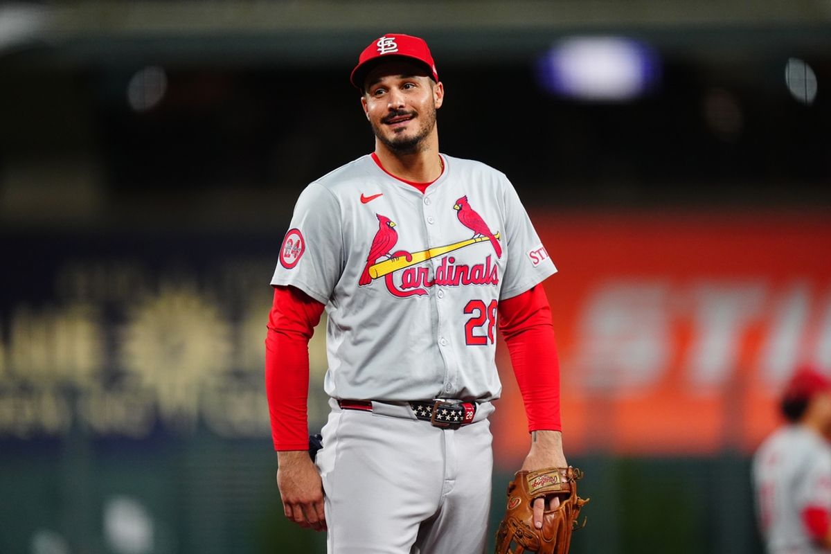 Sep 25, 2024; Denver, Colorado, USA; St. Louis Cardinals third base Nolan Arenado (28) reacts in the third inning against the Colorado Rockies at Coors Field. Mandatory Credit: Ron Chenoy-Imagn Images
