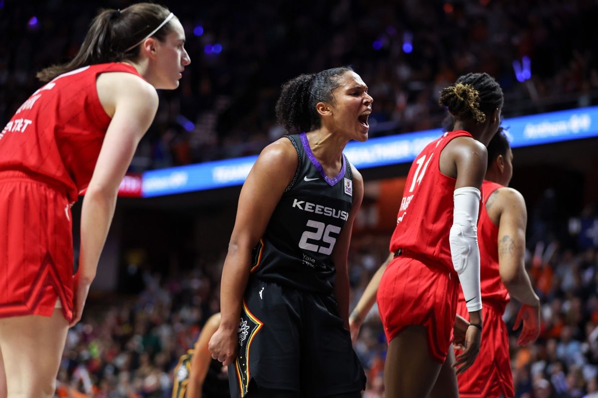 Sep 25, 2024; Uncasville, Connecticut, USA; Connecticut Sun forward Alyssa Thomas (25) reacts during the second half against the Indiana Fever during game two of the first round of the 2024 WNBA Playoffs at Mohegan Sun Arena. Mandatory Credit: Paul Rutherford-Imagn Images