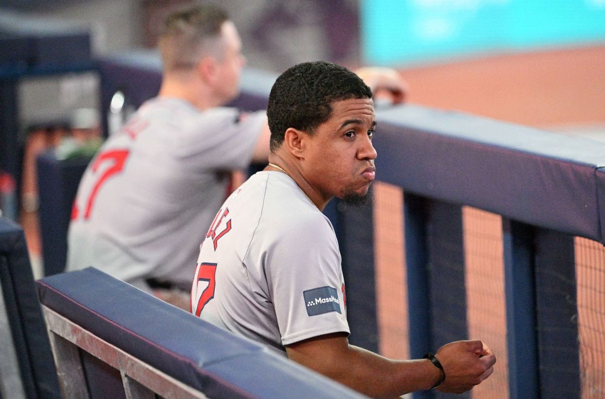 Sep 25, 2024; Toronto, Ontario, CAN;  Boston Red Sox second baseman Enmanuel Valdez (47) and left fielder Tyler O'Neill (17) sit on the bench after a defeat to the Toronto Blue Jays at Rogers Centre. Mandatory Credit: Dan Hamilton-Imagn Images