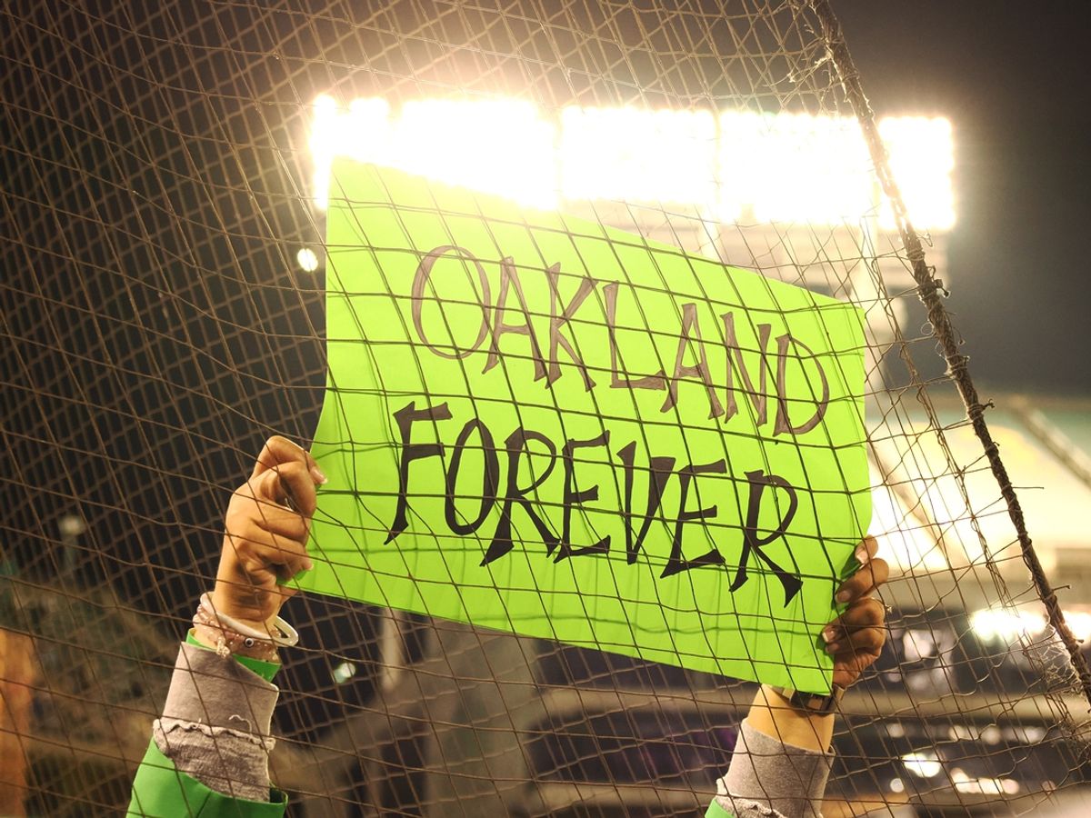 Sep 25, 2024; Oakland, California, USA; A sign reads “Oakland forever” for the Oakland Athletics after the game against the Texas Rangers at Oakland-Alameda County Coliseum. Mandatory Credit: Kelley L Cox-Imagn Images