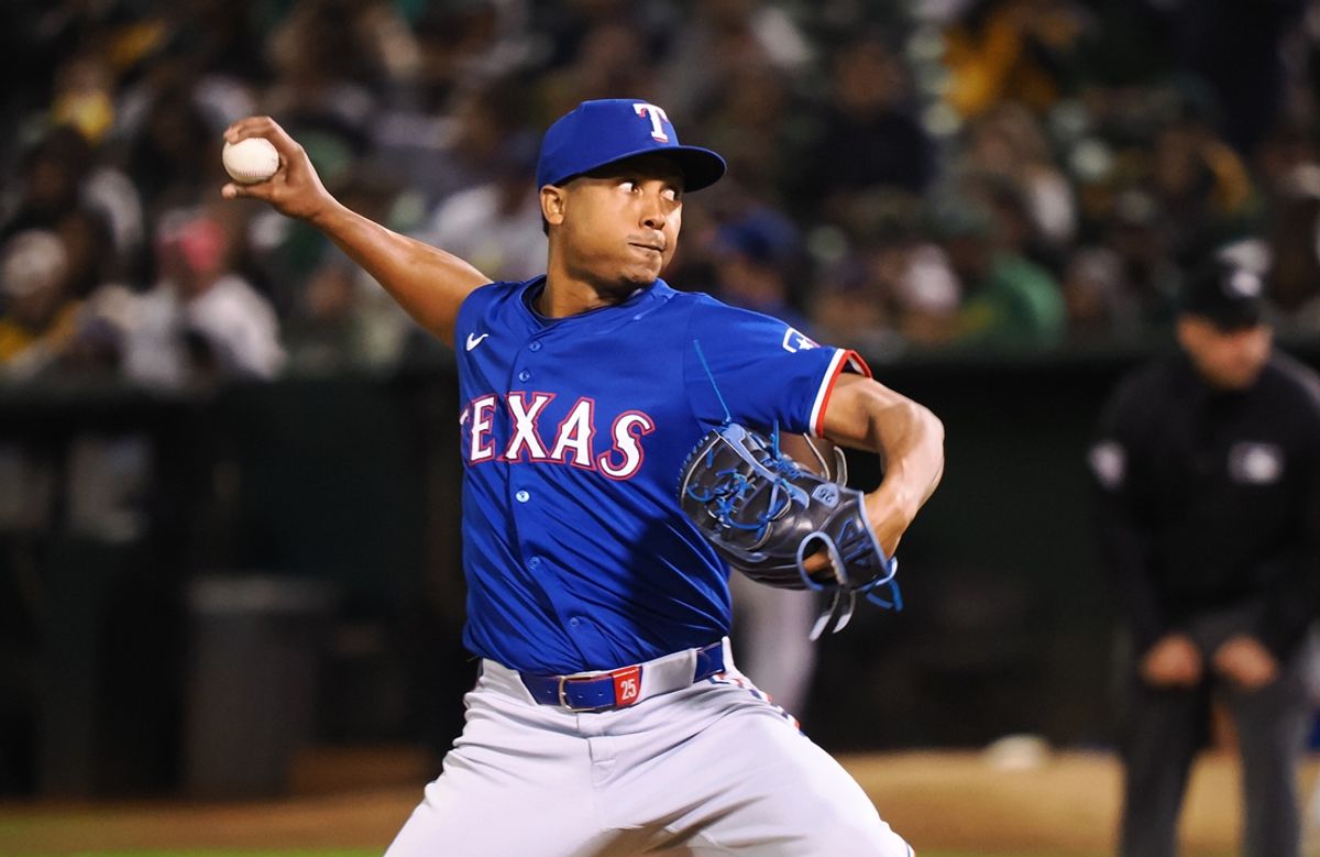 Sep 25, 2024; Oakland, California, USA; Texas Rangers relief pitcher Jose Leclerc (25) pitches the ball against the Oakland Athletics during the ninth inning at Oakland-Alameda County Coliseum. Mandatory Credit: Kelley L Cox-Imagn Images