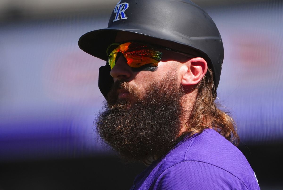 Sep 26, 2024; Denver, Colorado, USA; Colorado Rockies outfielder Charlie Blackmon (19) on deck in the first inning against the St. Louis Cardinals at Coors Field. Mandatory Credit: Ron Chenoy-Imagn Images