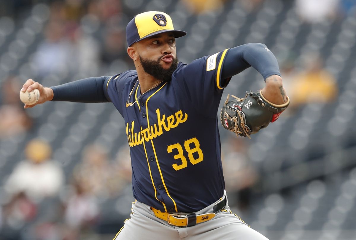 Sep 26, 2024; Pittsburgh, Pennsylvania, USA;  Milwaukee Brewers relief pitcher Devin Williams (38) pitches against the Pittsburgh Pirates during the ninth inning at PNC Park. The Brewers won 5-2. Mandatory Credit: Charles LeClaire-Imagn Images