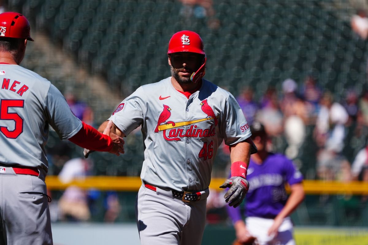 Sep 26, 2024; Denver, Colorado, USA; St. Louis Cardinals first base Paul Goldschmidt (46) celebrates his solo home run in the first inning against the Colorado Rockies at Coors Field. Mandatory Credit: Ron Chenoy-Imagn Images