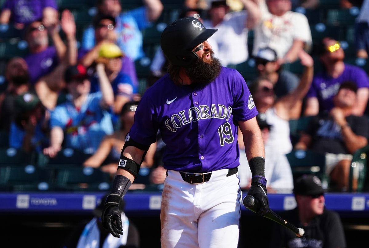 Sep 26, 2024; Denver, Colorado, USA; Colorado Rockies outfielder Charlie Blackmon (19) during the eighth inning against the St. Louis Cardinals at Coors Field. Mandatory Credit: Ron Chenoy-Imagn Images