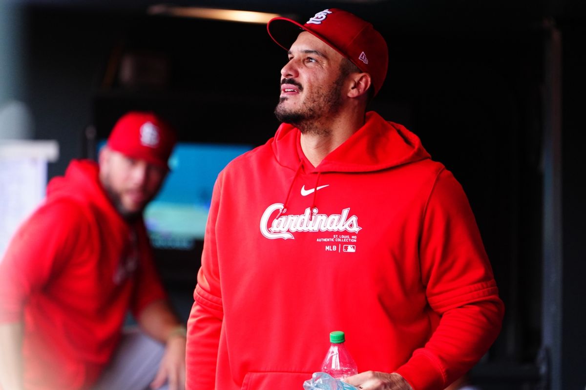 Sep 26, 2024; Denver, Colorado, USA; St. Louis Cardinals third base Nolan Arenado (28) in the dugout in the eighth inning against the Colorado Rockies at Coors Field. Mandatory Credit: Ron Chenoy-Imagn Images