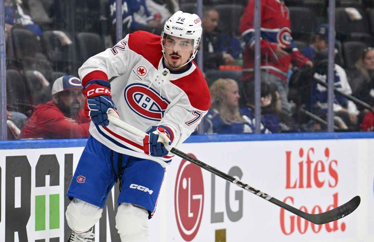 Sep 26, 2024; Toronto, Ontario, CAN;  Montreal Canadiens defenseman Arber Xhekaj (72) warms up before playing the Toronto Maple Leafs at Scotiabank Arena. Mandatory Credit: Dan Hamilton-Imagn Images