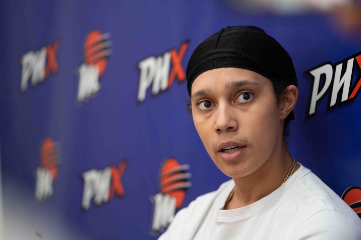 Brittney Griner speaks to members of the media at Player 15 HQ in Phoenix on Sept. 26, 2024.