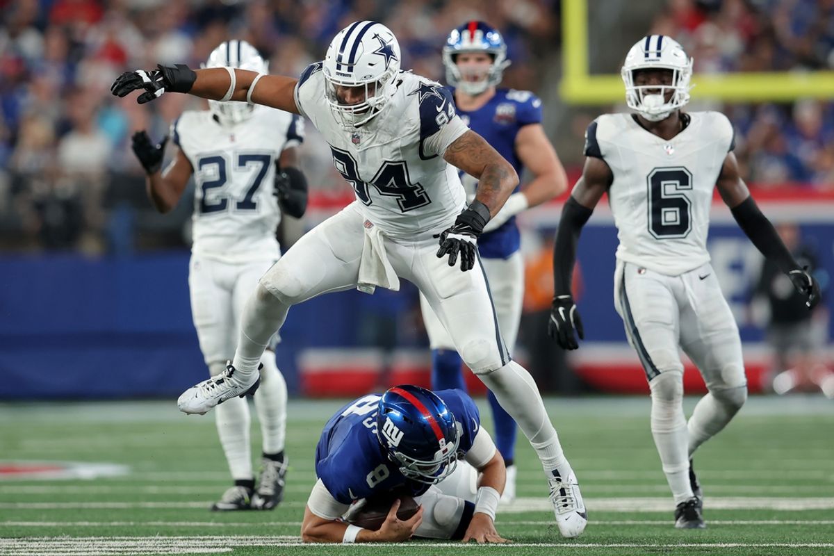 Sep 26, 2024; East Rutherford, New Jersey, USA; Dallas Cowboys defensive end Marshawn Kneeland (94) reacts after sacking New York Giants quarterback Daniel Jones (8) during the third quarter at MetLife Stadium. Mandatory Credit: Brad Penner-Imagn Images