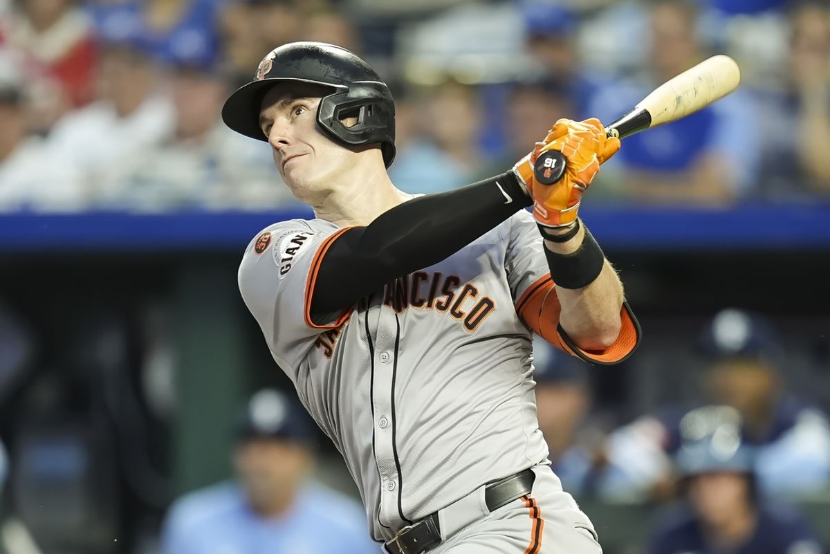Sep 20, 2024; Kansas City, Missouri, USA; San Francisco Giants first baseman Mark Canha (16) bats during the first inning against the Kansas City Royals at Kauffman Stadium. Mandatory Credit: Jay Biggerstaff-Imagn Images