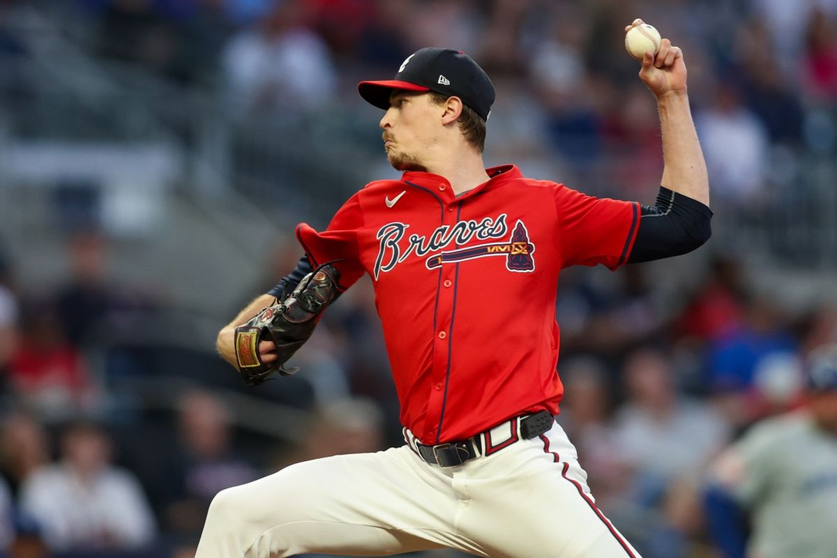 Sep 27, 2024; Atlanta, Georgia, USA; Atlanta Braves starting pitcher Max Fried (54) throws against the Kansas City Royals in the first inning at Truist Park. Mandatory Credit: Brett Davis-Imagn Images