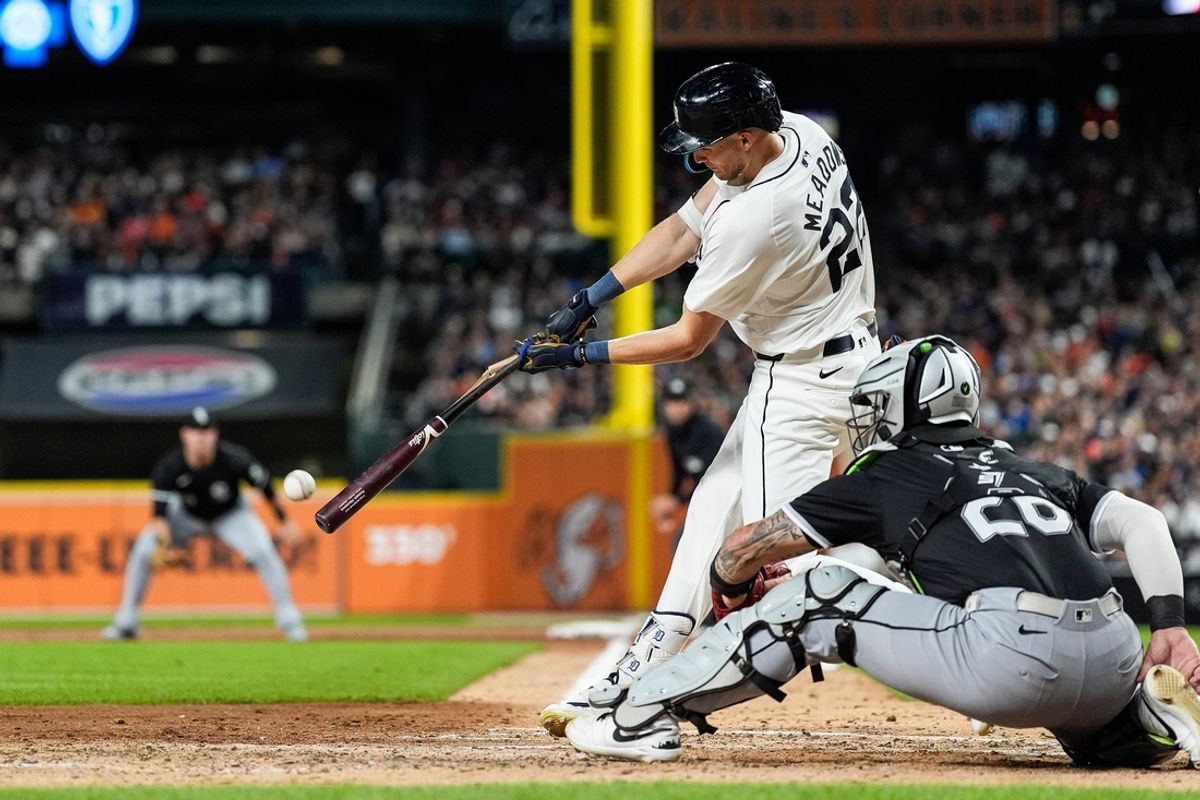 Detroit Tigers center fielder Parker Meadows (22) bats against Chicago White Sox during the fifth inning at Comerica Park in Detroit on Friday, Sept. 27, 2024.