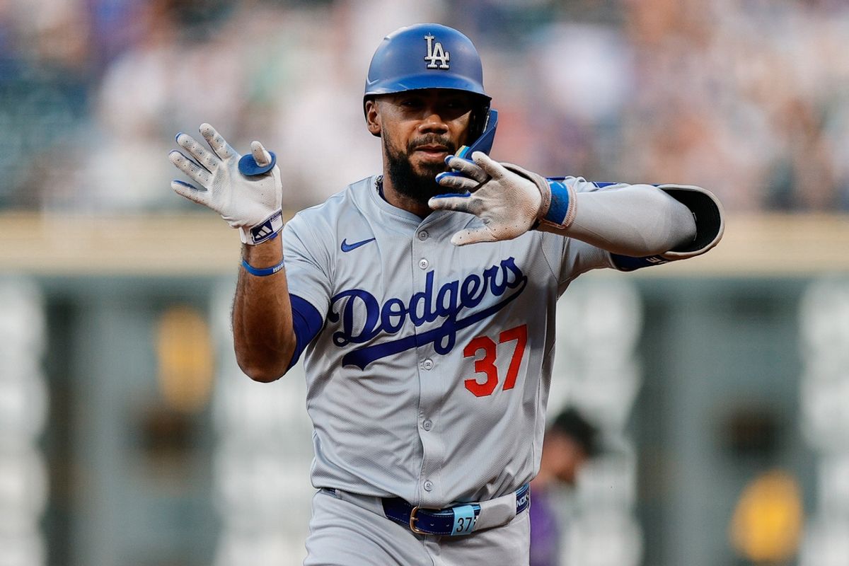 Sep 27, 2024; Denver, Colorado, USA; Los Angeles Dodgers left fielder Teoscar Hernandez (37) gestures as he rounds the bases on a two run home run in the first inning against the Colorado Rockies at Coors Field. Mandatory Credit: Isaiah J. Downing-Imagn Images