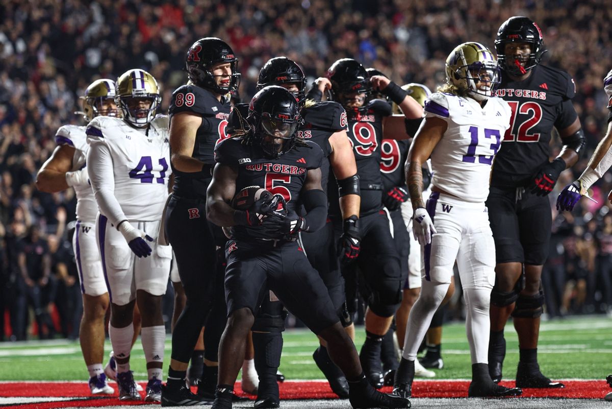 Sep 27, 2024; Piscataway, New Jersey, USA; Rutgers Scarlet Knights running back Kyle Monangai (5) celebrates after a rushing touchdown during the first half against the Washington Huskies at SHI Stadium. Mandatory Credit: Vincent Carchietta-Imagn Images