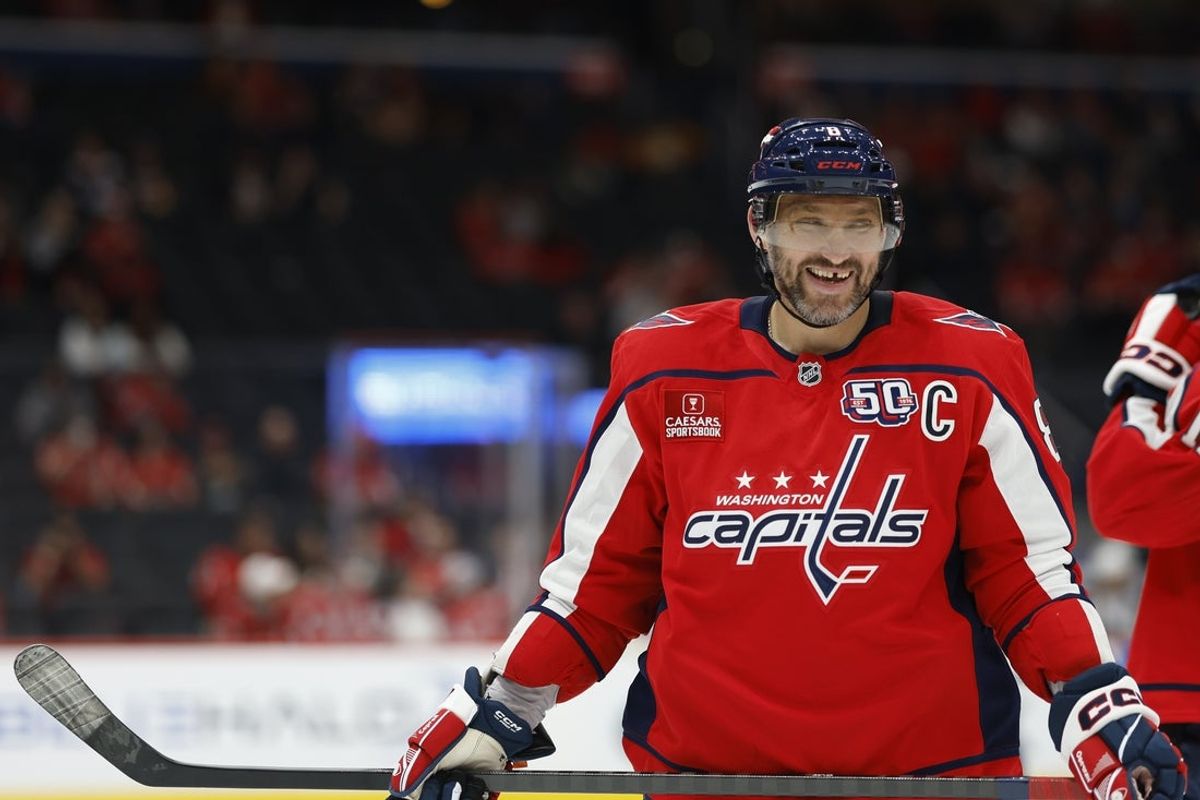 Sep 27, 2024; Washington, District of Columbia, USA; Washington Capitals left wing Alex Ovechkin (8) smiles during a stoppage in play against the Columbus Blue Jackets in the second period at Capital One Arena. Mandatory Credit: Geoff Burke-Imagn Images