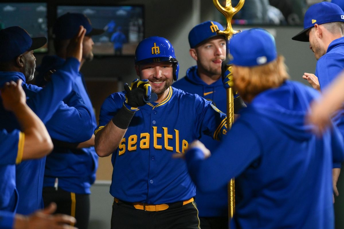 Sep 27, 2024; Seattle, Washington, USA; Seattle Mariners designated hitter Cal Raleigh (29) celebrates after hitting a home run against the Oakland Athletics during the third inning at T-Mobile Park. Mandatory Credit: Steven Bisig-Imagn Images