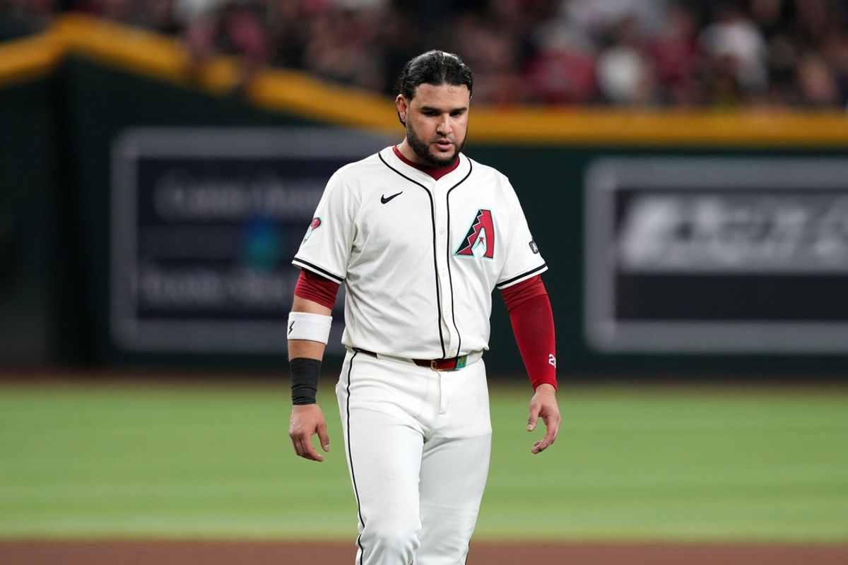 Sep 27, 2024; Phoenix, Arizona, USA; Arizona Diamondbacks third base Eugenio Suarez (28) reacts after an at-bat during the eighth inning at Chase Field. Mandatory Credit: Joe Camporeale-Imagn Images