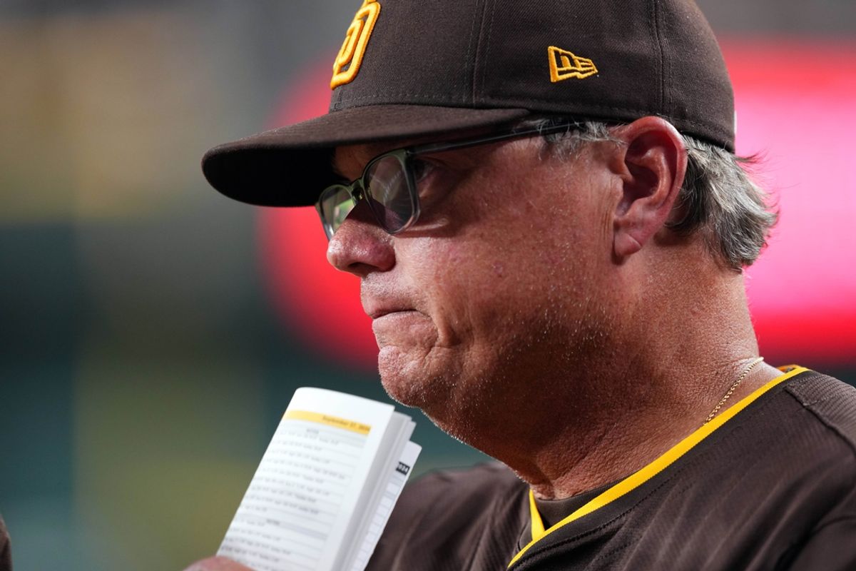 Sep 27, 2024; Phoenix, Arizona, USA; San Diego Padres manager Mike Shildt (8) looks on against the Arizona Diamondbacks during the ninth inning at Chase Field. Mandatory Credit: Joe Camporeale-Imagn Images