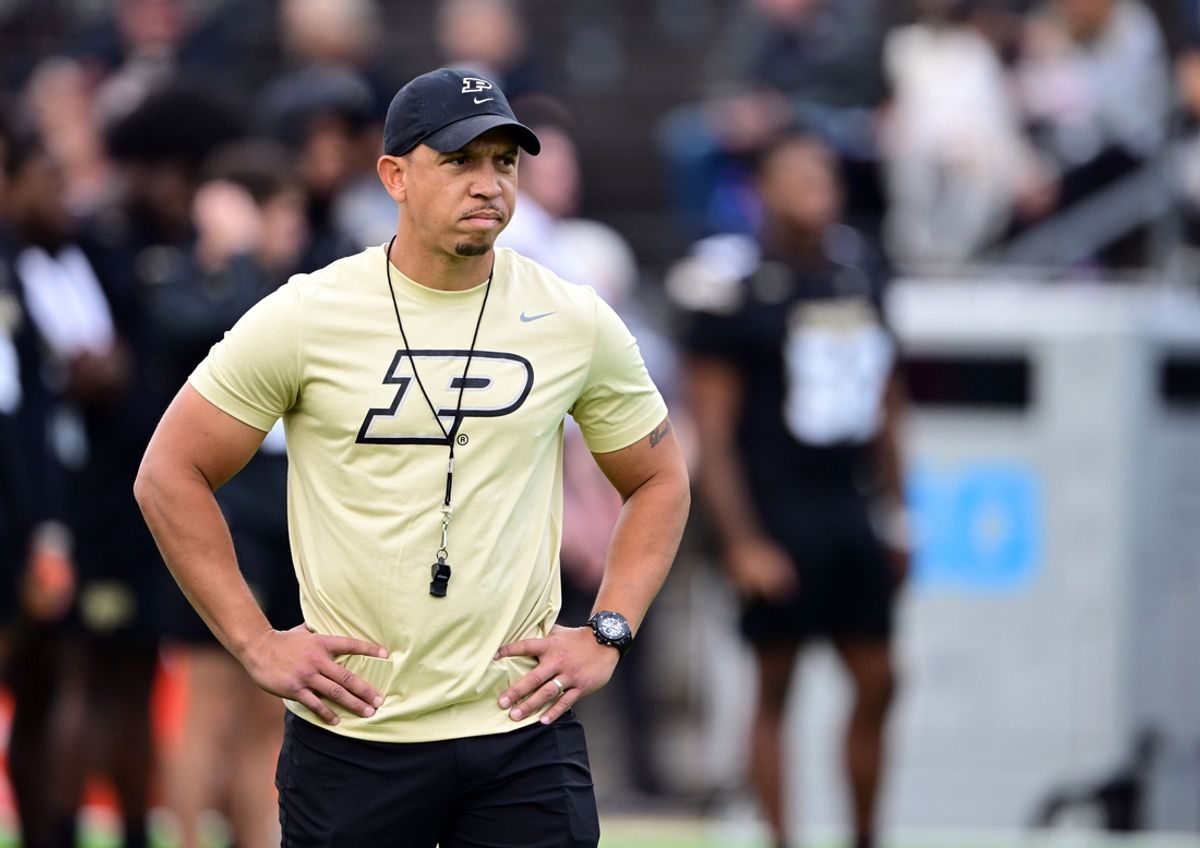 Sep 28, 2024; West Lafayette, Indiana, USA; Purdue Boilermakers head coach Ryan Walters stands on the field during warm ups before a game against the Nebraska Cornhuskers at Ross-Ade Stadium. Mandatory Credit: Marc Lebryk-Imagn Images