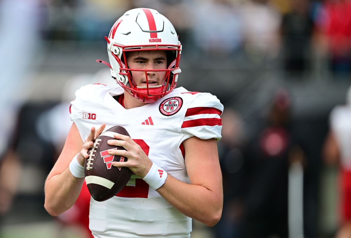 Sep 28, 2024; West Lafayette, Indiana, USA; Nebraska Cornhuskers quarterback Daniel Kaelin (12) throws a pass before a game against the Purdue Boilermakers at Ross-Ade Stadium. Mandatory Credit: Marc Lebryk-Imagn Images