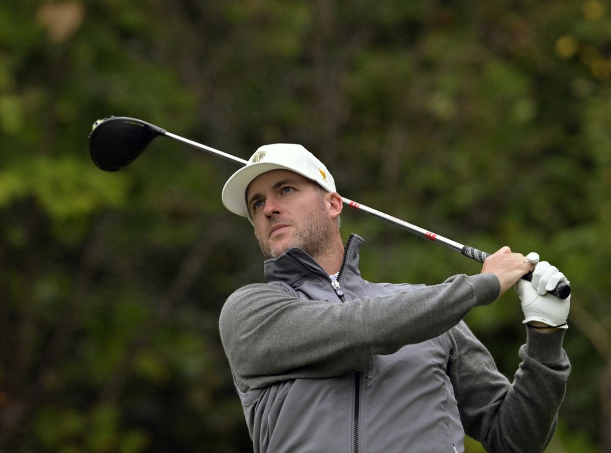Sep 28, 2024; Ile Bizard, Quebec, CAN; Taylor Pendrith of the International team tees off on the fourth hole during the third round of The Presidents Cup golf tournament. Mandatory Credit: Eric Bolte-Imagn Images