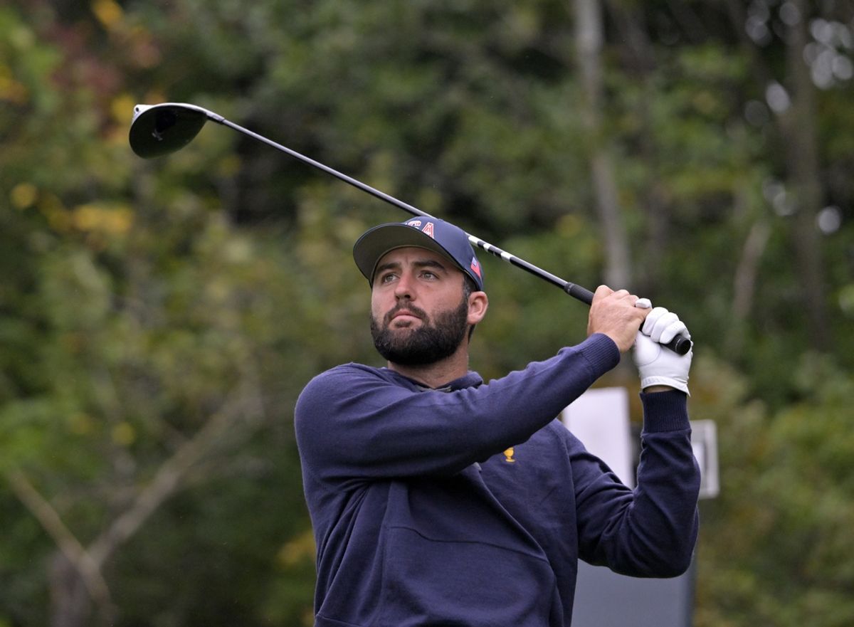 Sep 28, 2024; Ile Bizard, Quebec, CAN; Scottie Scheffler of team U.S.A. tees off on the fourth hole during the third round of The Presidents Cup golf tournament. Mandatory Credit: Eric Bolte-Imagn Images