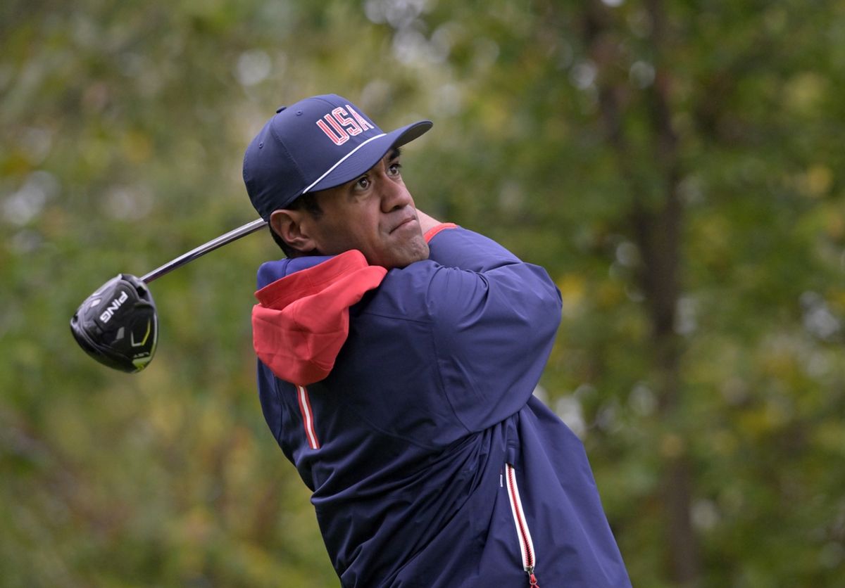Sep 28, 2024; Ile Bizard, Quebec, CAN; Tony Finau of team U.S.A. tees off on the fourth hole during the third round of The Presidents Cup golf tournament. Mandatory Credit: Eric Bolte-Imagn Images