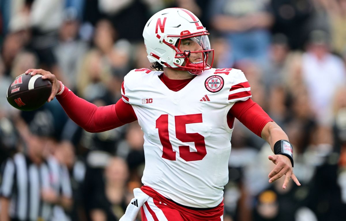 Sep 28, 2024; West Lafayette, Indiana, USA; Nebraska Cornhuskers quarterback Dylan Raiola (15) throws a pass against the Purdue Boilermakers during the first quarter at Ross-Ade Stadium. Mandatory Credit: Marc Lebryk-Imagn Images