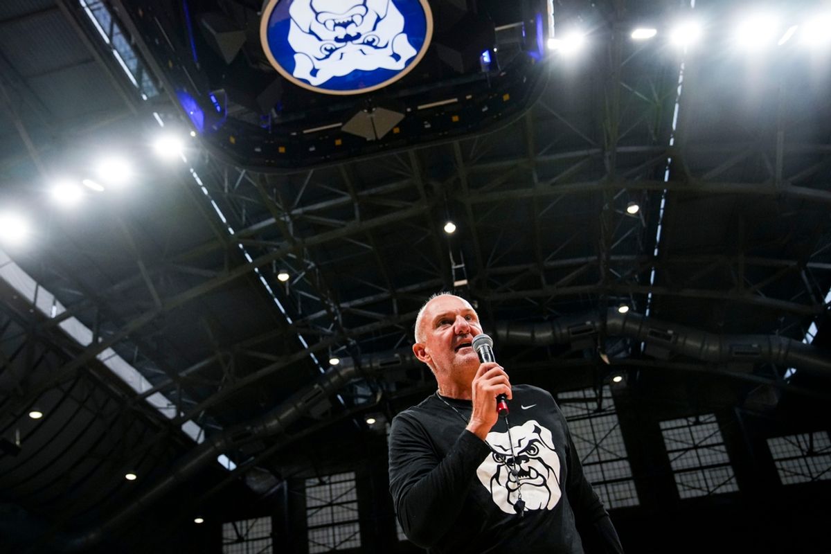 Butler Bulldogs head coach Thad Matta speaks to the fans Saturday, Sept. 28, 2024, during a Butler men’s basketball practice at Hinkle Fieldhouse in Indianapolis. As part of Family Weekend at Butler, the men's basketball team opened its practice to fans.