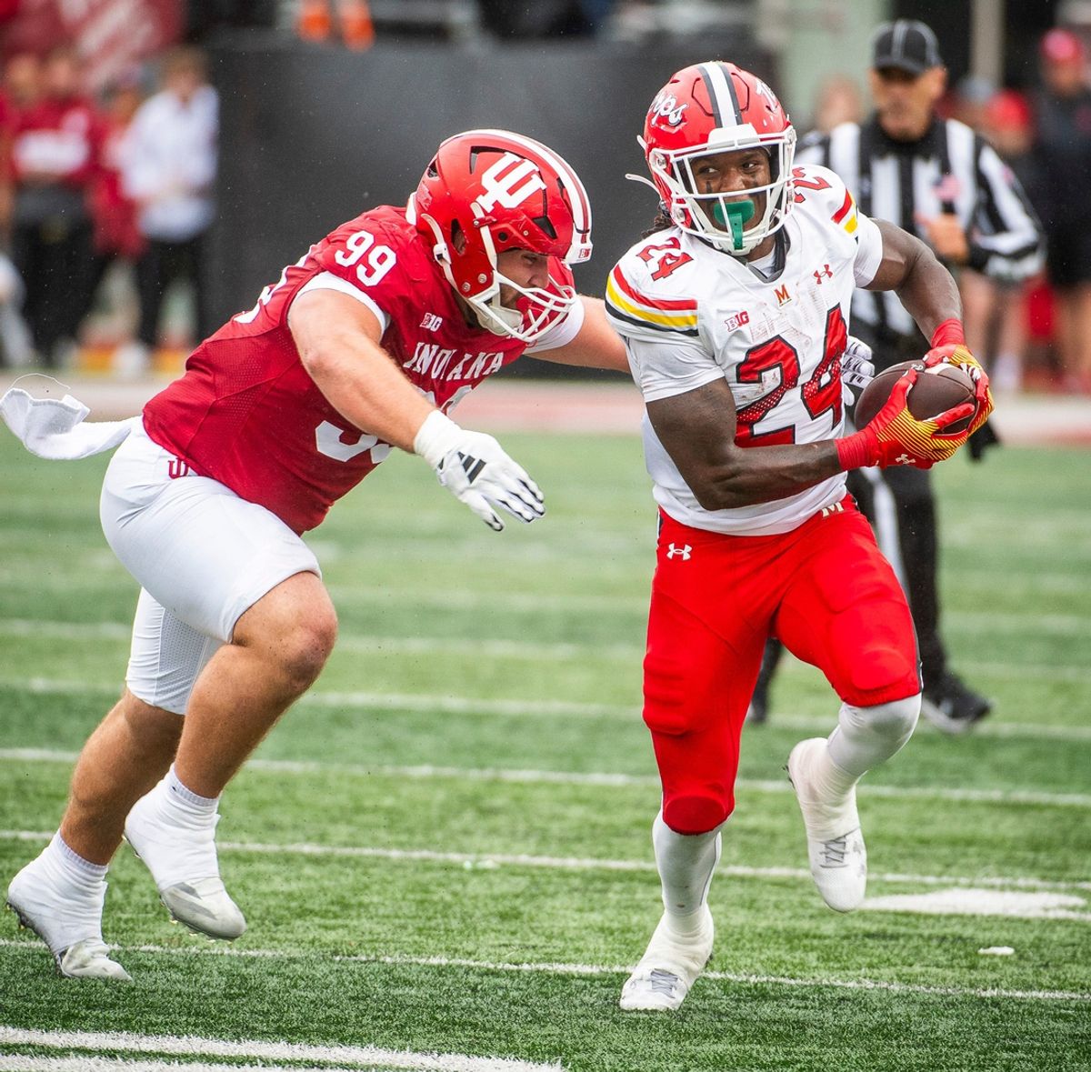 Maryland's Roman Hemby (24) runs during the Indiana versus Maryland football game at Memorial Stadium on Saturday, Sept. 28, 2024.