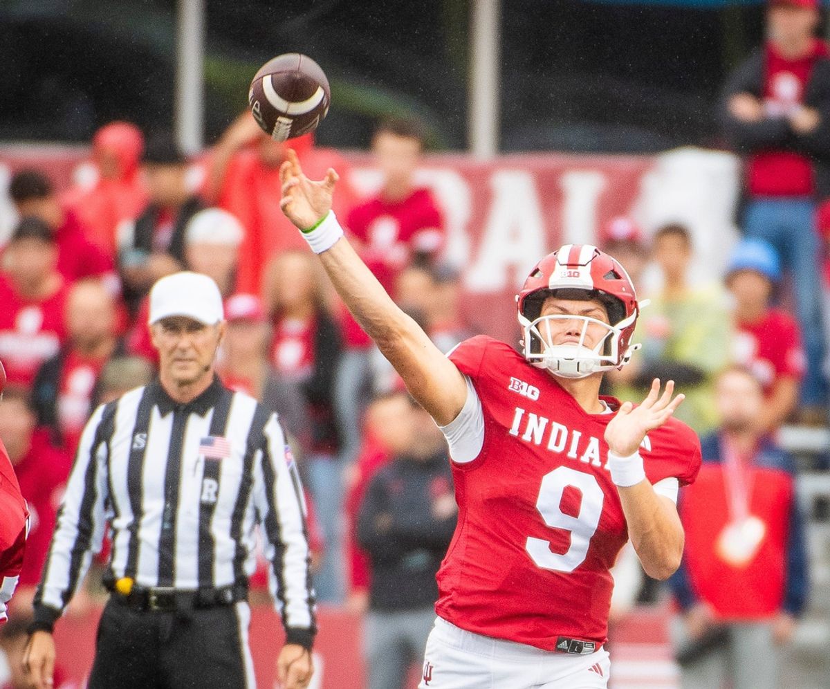 Indiana's Kurtis Rourke (9) passes during the Indiana versus Maryland football game at Memorial Stadium on Saturday, Sept. 28, 2024.