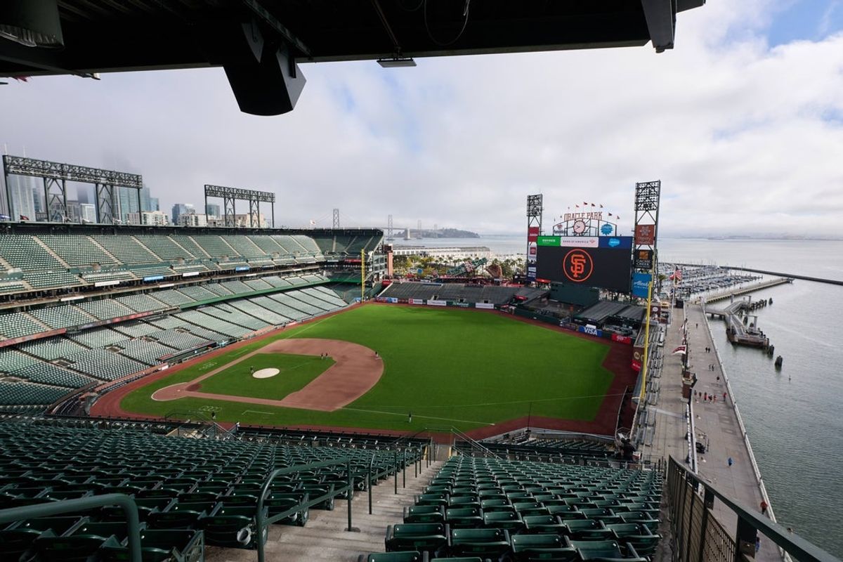 Sep 28, 2024; San Francisco, California, USA; A general view of Oracle Park and McCovey Cove from section 302 before the game between the St. Louis Cardinals and the San Francisco Giants. Mandatory Credit: Robert Edwards-Imagn Images