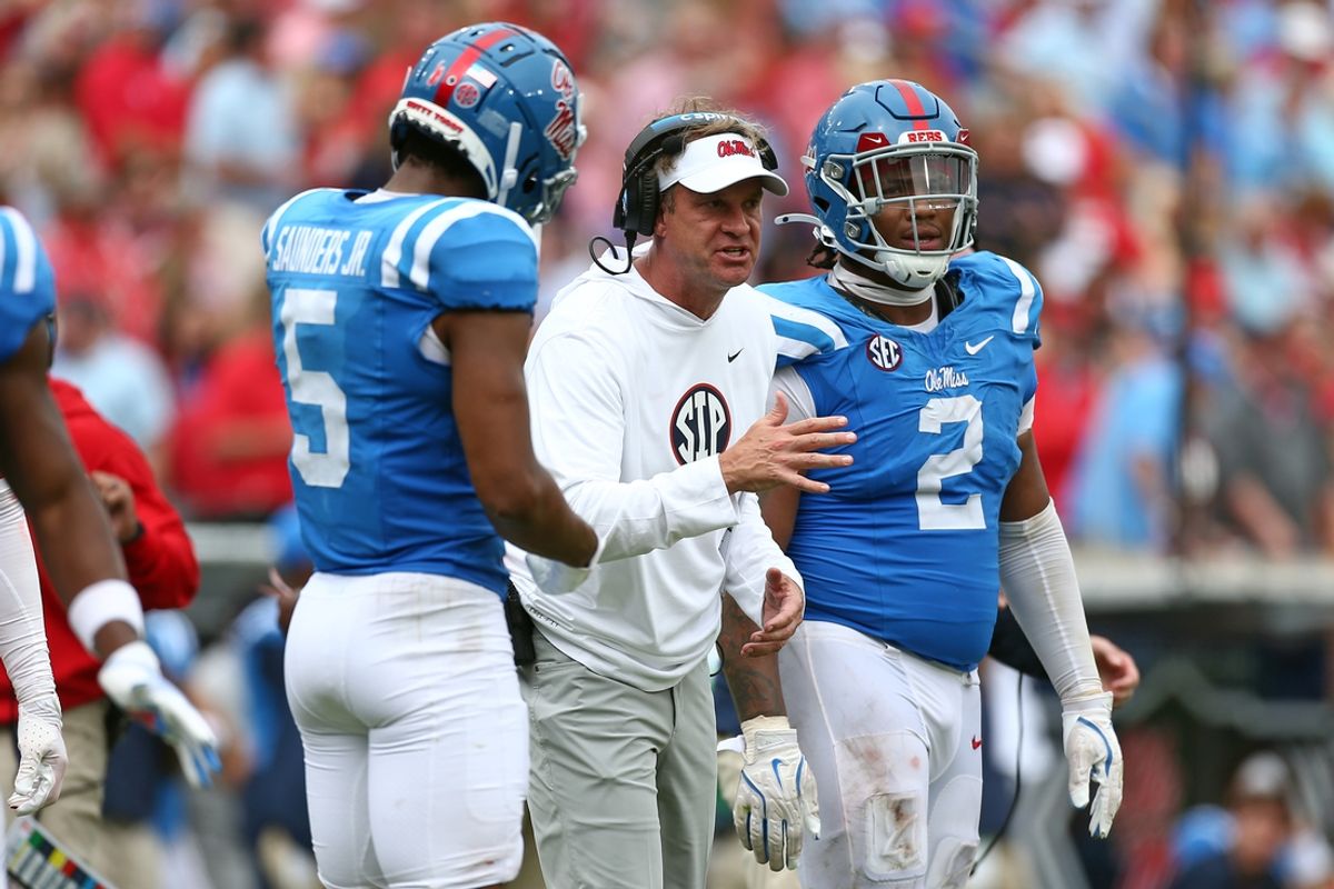 Sep 28, 2024; Oxford, Mississippi, USA; Mississippi Rebels head coach Lane Kiffin gives direction during the second half against the Kentucky Wildcats at Vaught-Hemingway Stadium. Mandatory Credit: Petre Thomas-Imagn Images