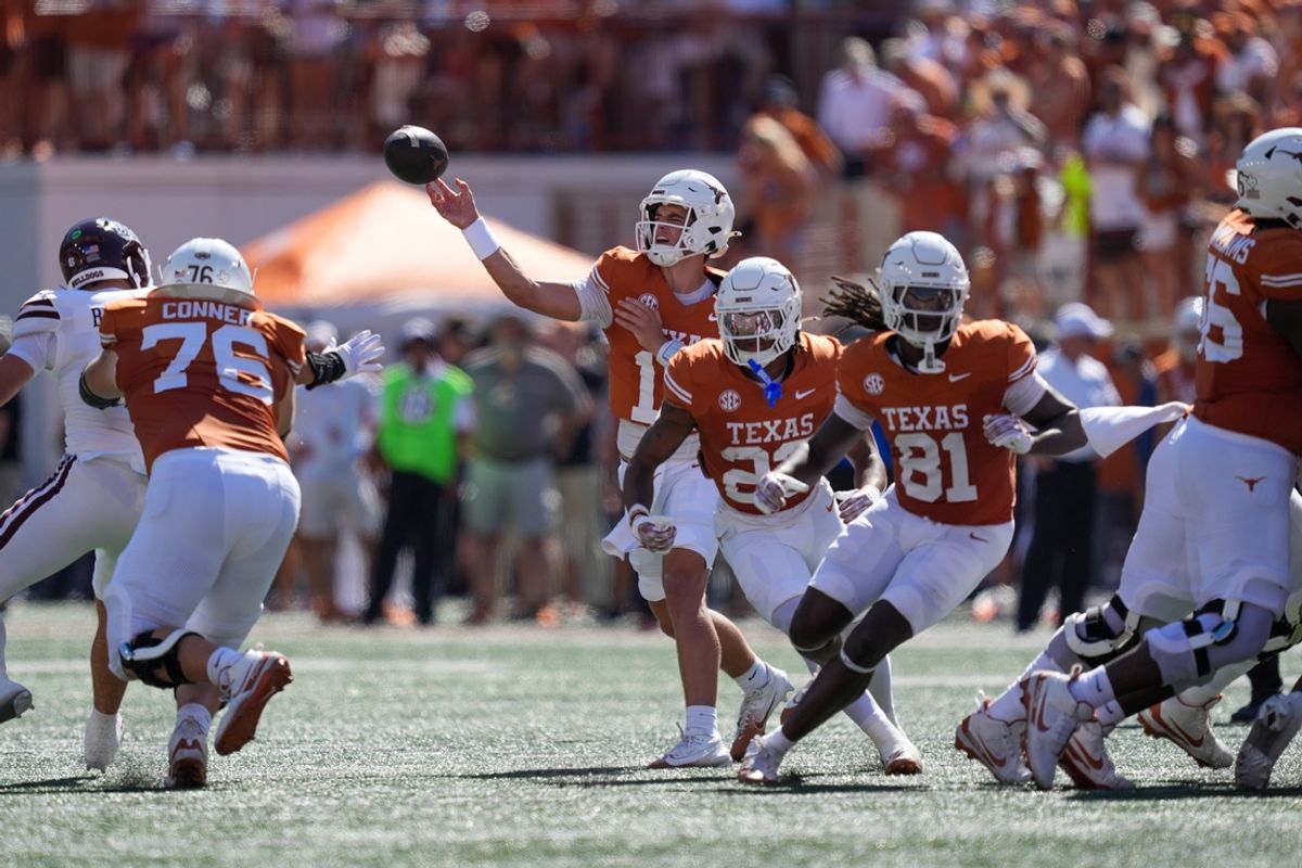 Sep 28, 2024; Austin, Texas, USA;  Texas Longhorns quarterback Arch Manning (16) throws a pass in the first half against the Mississippi State Bulldogs at Darrell K Royal-Texas Memorial Stadium. Mandatory Credit: Daniel Dunn-Imagn Images