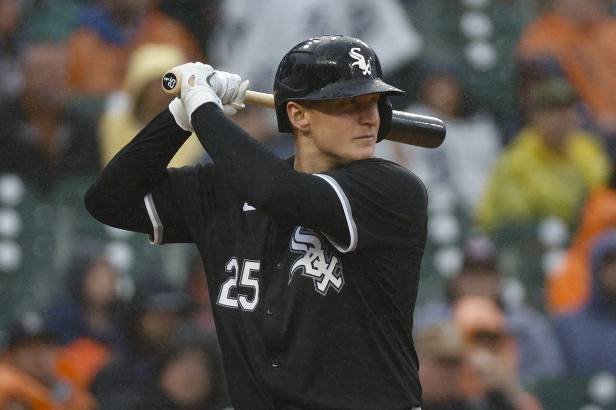 Sep 28, 2024; Detroit, Michigan, USA; Chicago White Sox first baseman Andrew Vaughn (25) hits against the Detroit Tigers during the fifth inning at Comerica Park. Mandatory Credit: Brian Bradshaw Sevald-Imagn Images