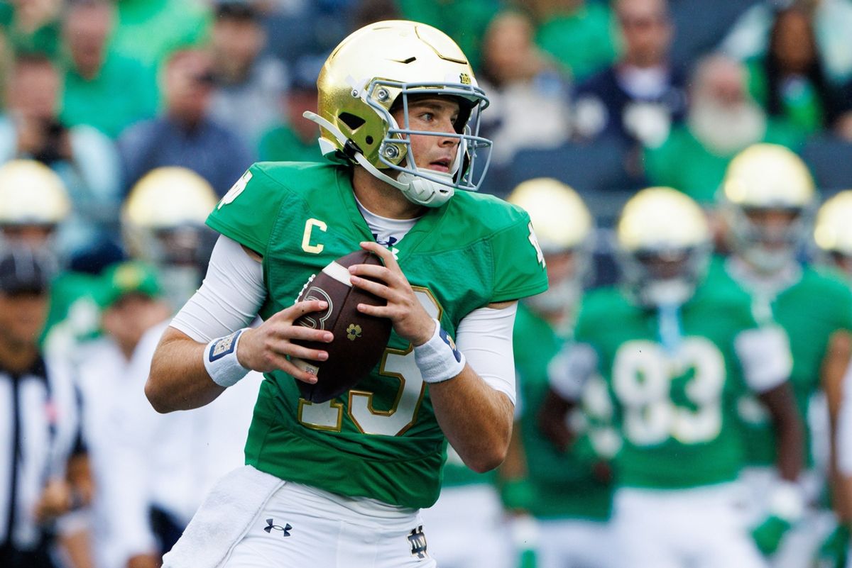 Notre Dame quarterback Riley Leonard looks for an open receiver during a NCAA college football game between Notre Dame and Louisville at Notre Dame Stadium on Saturday, Sept. 28, 2024, in South Bend.