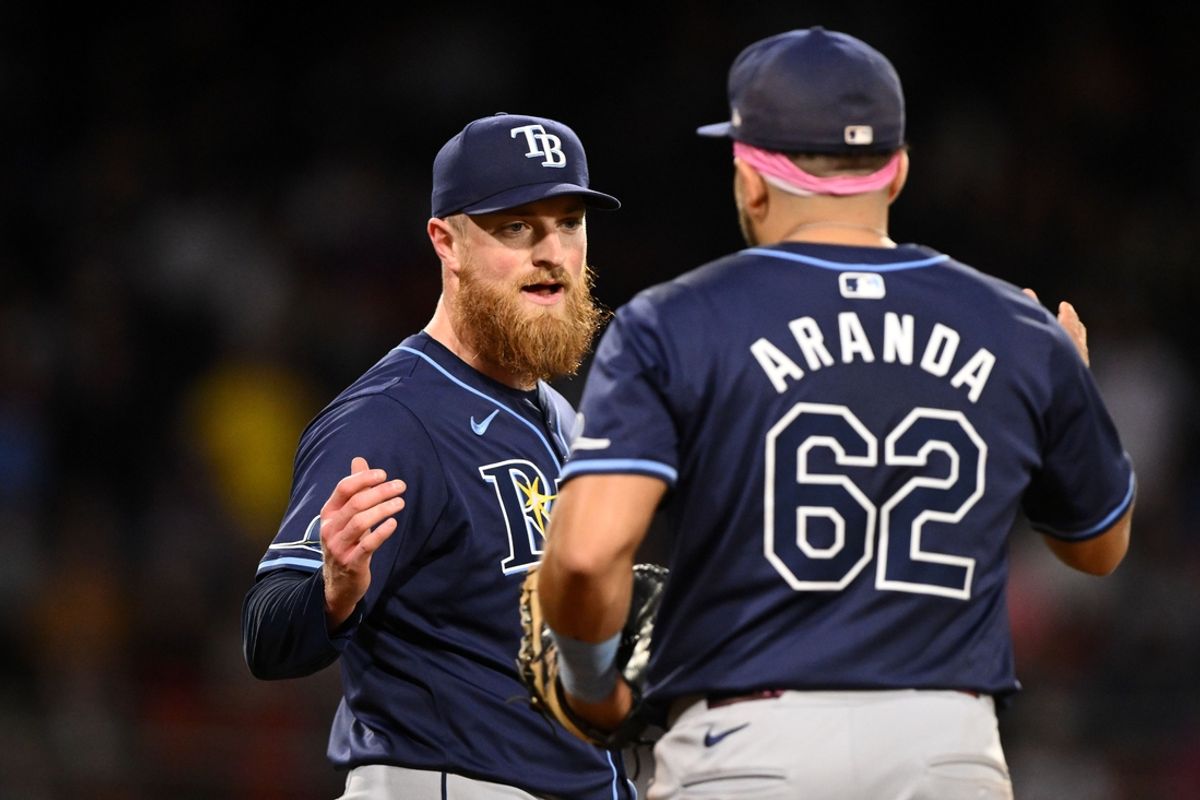 Sep 28, 2024; Boston, Massachusetts, USA; Tampa Bay Rays relief pitcher Drew Rasmussen (57) high-fives first baseman Jonathan Aranda (62) after a game against the Boston Red Sox at Fenway Park. Mandatory Credit: Brian Fluharty-Imagn Images