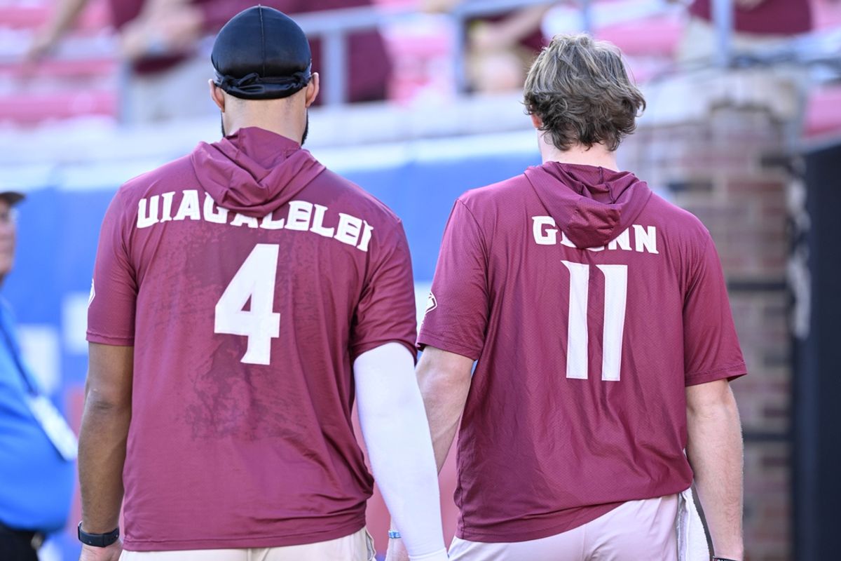 Sep 28, 2024; Dallas, Texas, USA; Florida State Seminoles quarterback DJ Uiagalelei (4) and quarterback Brock Glenn (11) before the game between the Southern Methodist Mustangs and the Florida State Seminoles at Gerald J. Ford Stadium. Mandatory Credit: Jerome Miron-Imagn Images