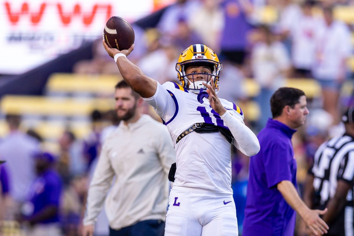 Sep 28, 2024; Baton Rouge, Louisiana, USA;  LSU Tigers quarterback Colin Hurley (16) during warmups before a game against the South Alabama Jaguars at Tiger Stadium. Mandatory Credit: Stephen Lew-Imagn Images