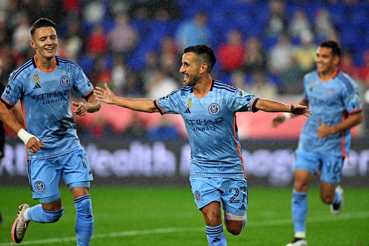 Sep 28, 2024; Harrison, New Jersey, USA; New York City FC midfielder Maxi Moralez (27) celebrates after scoring a goal during the first half against the New York Red Bulls at Red Bull Arena. Mandatory Credit: Dennis Schneidler-Imagn Images