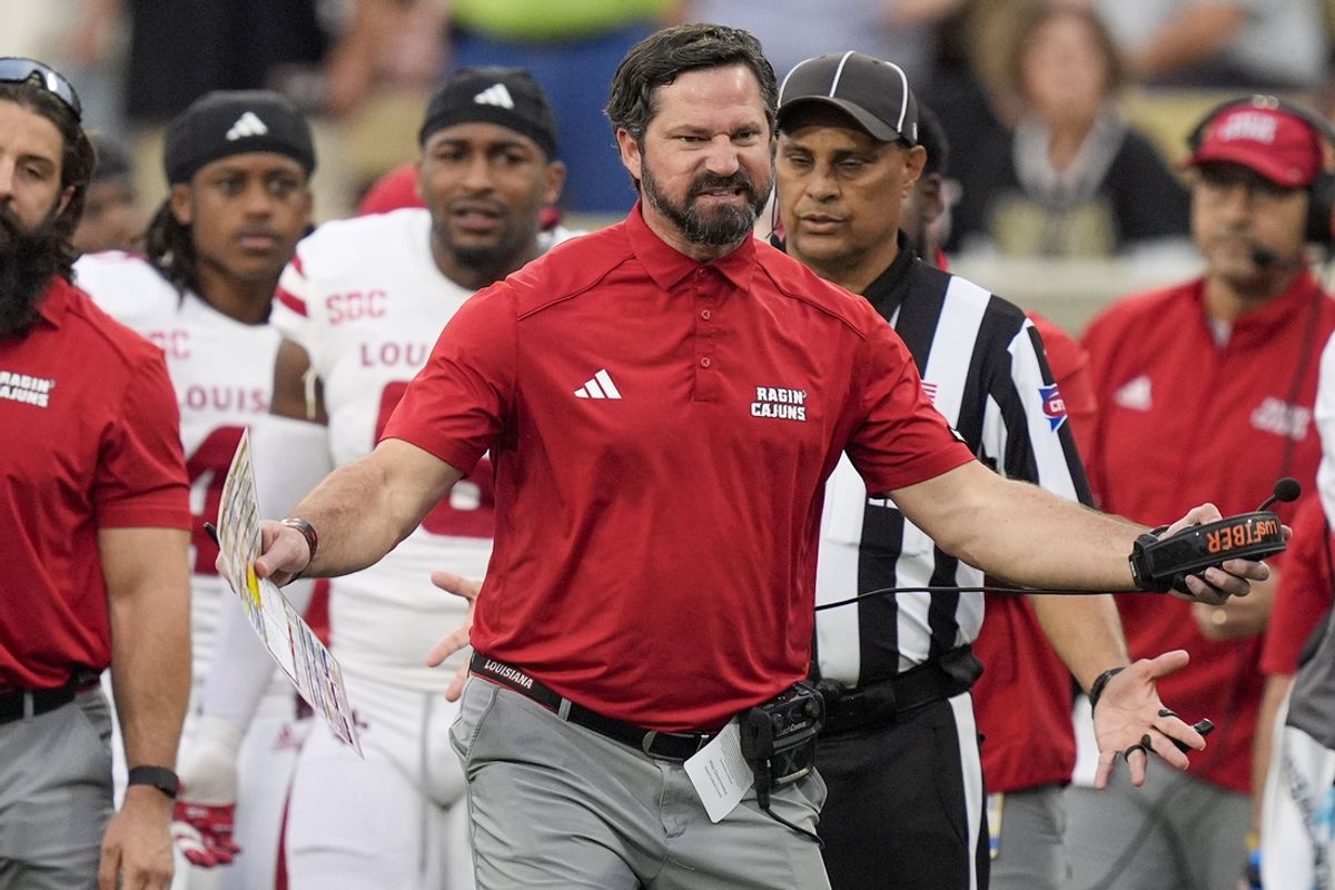 Sep 28, 2024; Winston-Salem, North Carolina, USA;  Louisiana-Lafayette Ragin Cajuns head coach Michael Desormeaux reacts to a targeting call during the second half against the Wake Forest Demon Deacons at Allegacy Federal Credit Union Stadium. Mandatory Credit: Jim Dedmon-Imagn Images