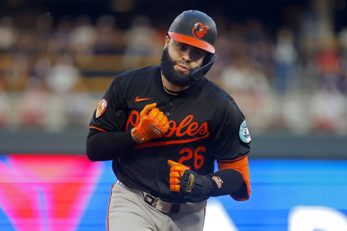 Sep 28, 2024; Minneapolis, Minnesota, USA; Baltimore Orioles third baseman Emmanuel Rivera (26) runs the bases after a two-run home run against the Minnesota Twins in the second inning at Target Field. Mandatory Credit: Bruce Kluckhohn-Imagn Images