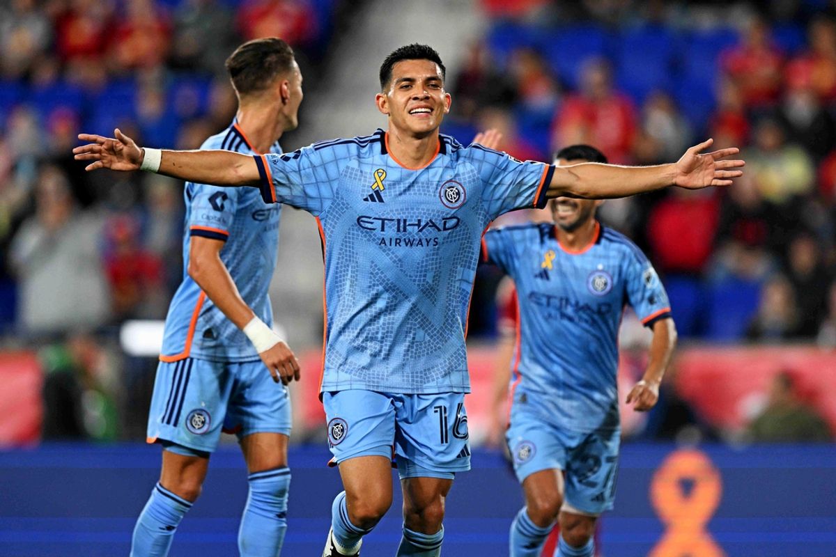 Sep 28, 2024; Harrison, New Jersey, USA; New York City FC forward Alonso Martinez (16) celebrates after scoring a goal during the first half against the New York Red Bulls at Red Bull Arena. Mandatory Credit: Dennis Schneidler-Imagn Images