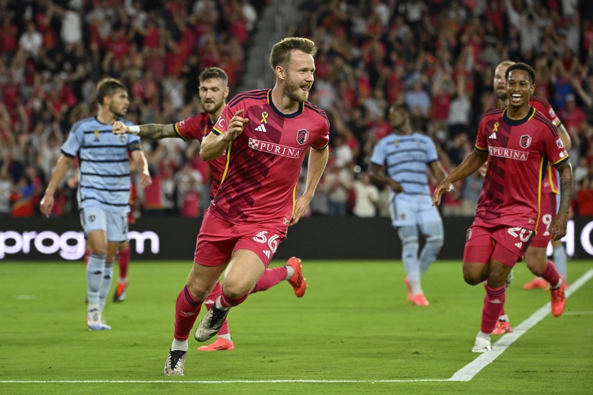 Sep 28, 2024; St. Louis, Missouri, USA; St. Louis CITY SC midfielder Cedric Teuchert (36) celebrates after scoring a goal against Sporting Kansas City in the first half at CITYPARK. Mandatory Credit: Joe Puetz-Imagn Images
