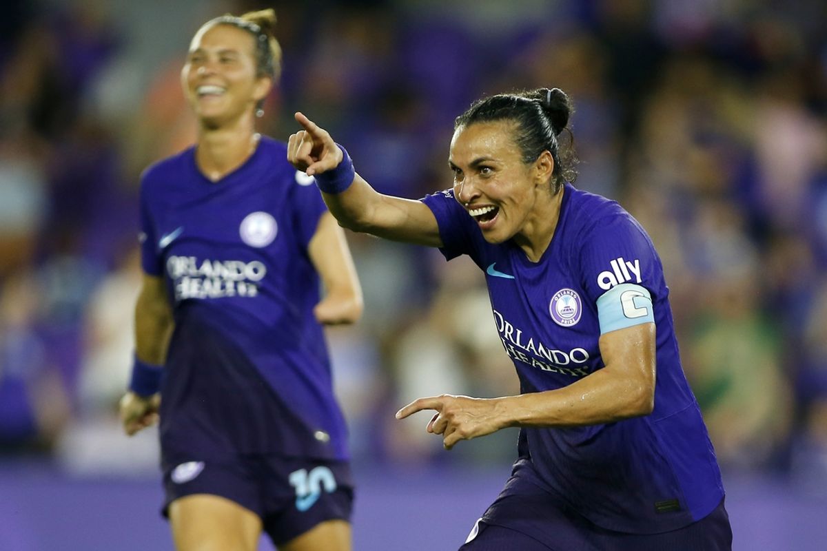 Sep 28, 2024; Orlando, Florida, USA; Orlando Pride forward Marta (10) celebrates after scoring a goal against the Houston Dash during the second half at Inter&Co Stadium. Mandatory Credit: Russell Lansford-Imagn Images