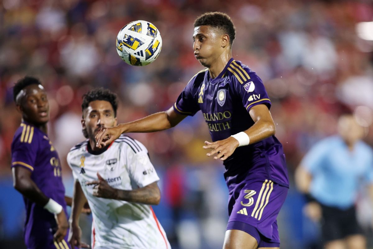 Sep 28, 2024; Frisco, Texas, USA; Orlando City defender Rafael Santos (3) controls the ball against FC Dallas in the first half at Toyota Stadium. Mandatory Credit: Tim Heitman-Imagn Images