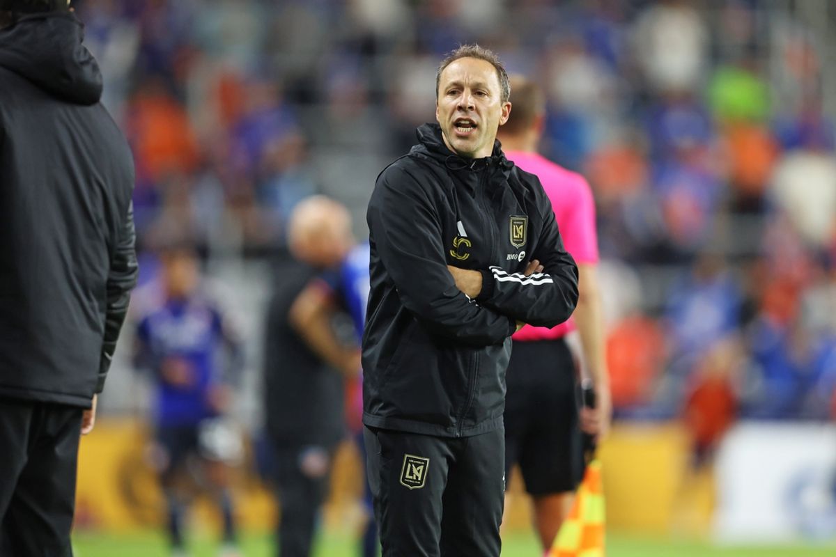 Sep 28, 2024; Cincinnati, Ohio, USA; LAFC head coach Steve Cherundolo looks on during the second half against FC Cincinnati at TQL Stadium. Mandatory Credit: Joseph Maiorana-Imagn Images
