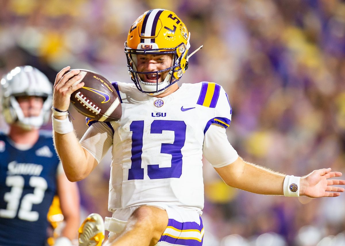 Tigers quarterback Garrett Nussmeier 13 scores a touchdown as the LSU Tigers take on the South Alabama Jaguars at Tiger Stadium in Baton Rouge, LA. Saturday, Sept. 28, 2024.